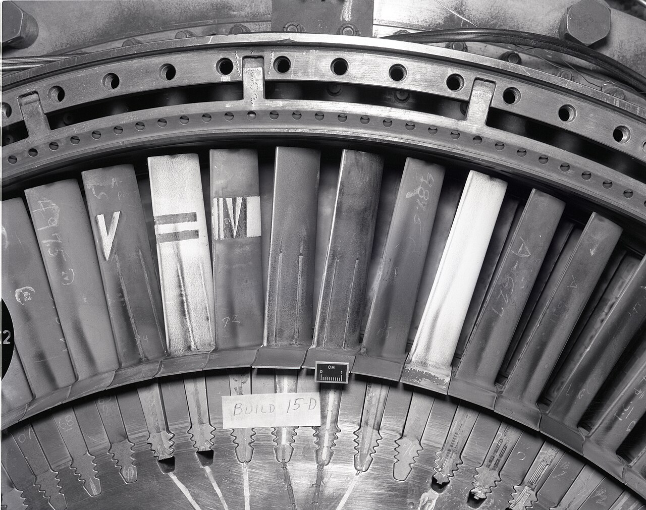 Rows of turbine blades inside a J-75 aircraft engine